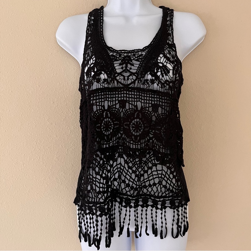 No Boundaries Crochet Tank Top Medium Black Fringe Boho Festival Whimsigoth